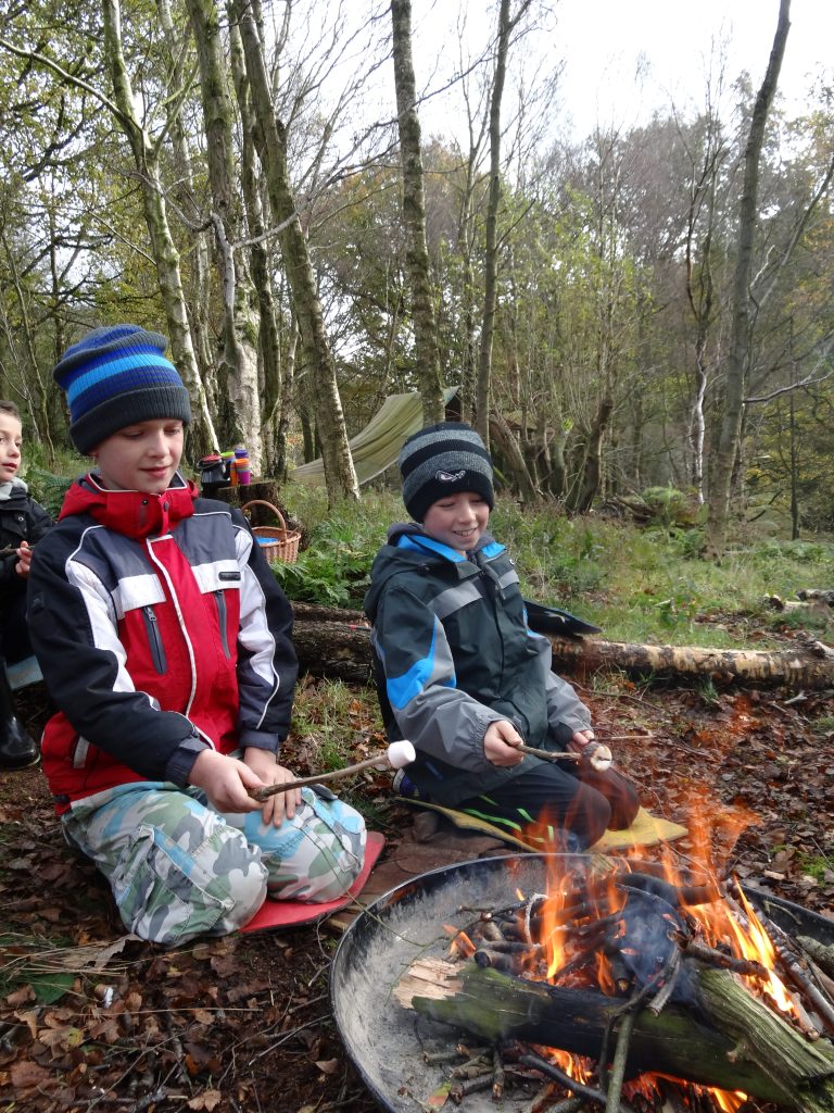 Two children toasting marshmallows over a campfire